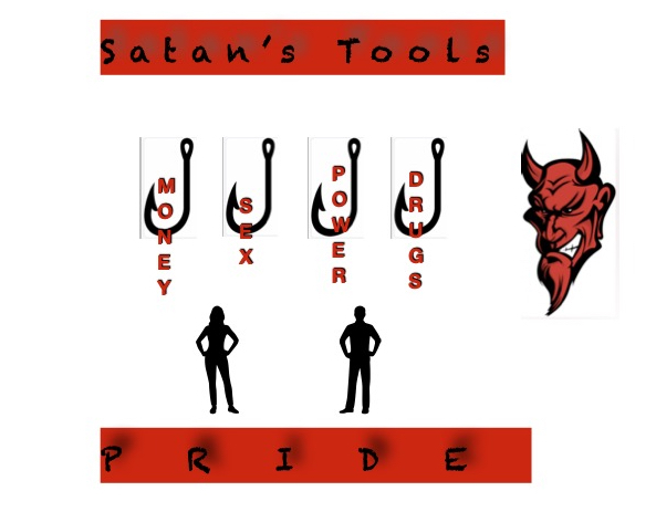 Sketch of Satan surrounded by symbols of temptation—alcohol, drugs, sex, and luxury—representing his tools to lure souls.