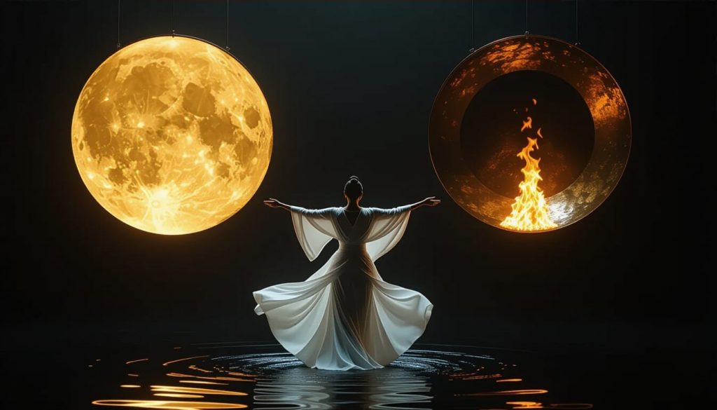 Figure dancing between two floating pans—one golden, glowing with light, the other dark metal radiating heat—hovering above a black abyss. Surreal and symbolic image representing spiritual tension.