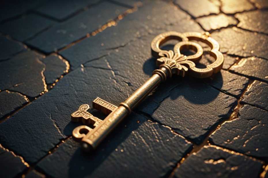 A golden key lying on a dark stone floor, illuminated by soft divine light—symbolizing Free Will as the spiritual key to choice