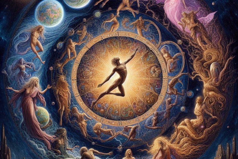 A colorful, symbolic image of human figures moving in a circular flow, representing the cycle of reincarnation. Each figure transforms subtly, showing stages of life, death, and rebirth.