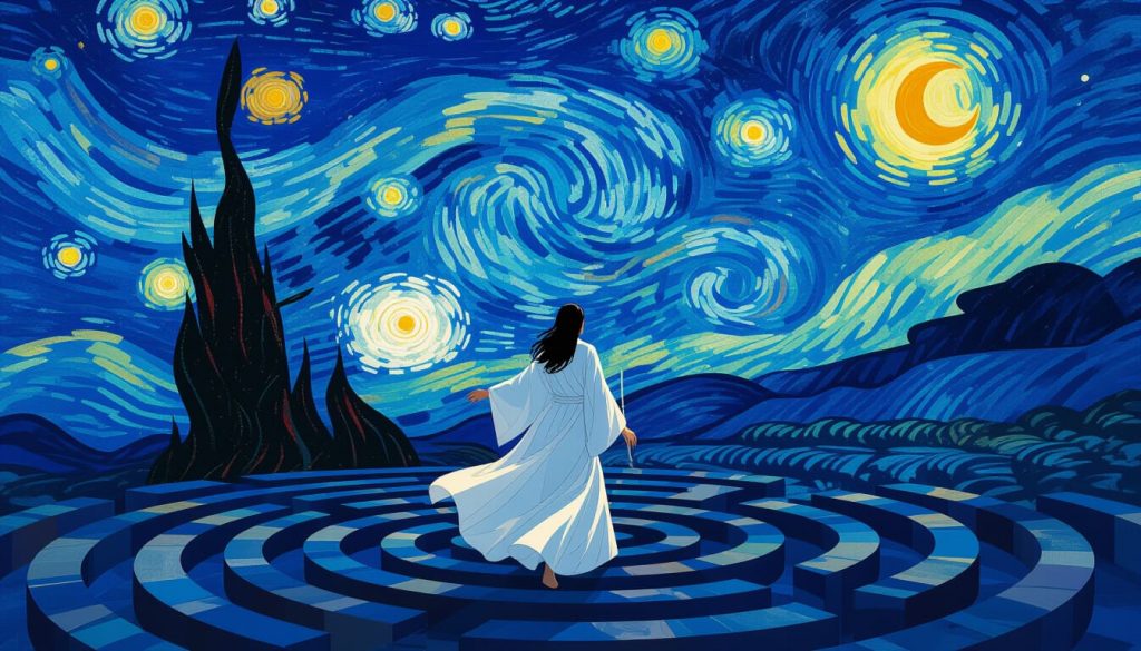 A person in flowing white robes rises from a dark, mystical maze into a vibrant, starry sky, surrounded by celestial light, evoking Van Gogh’s swirling night skies, Tibetan thangka art, and James Jean’s ethereal style.