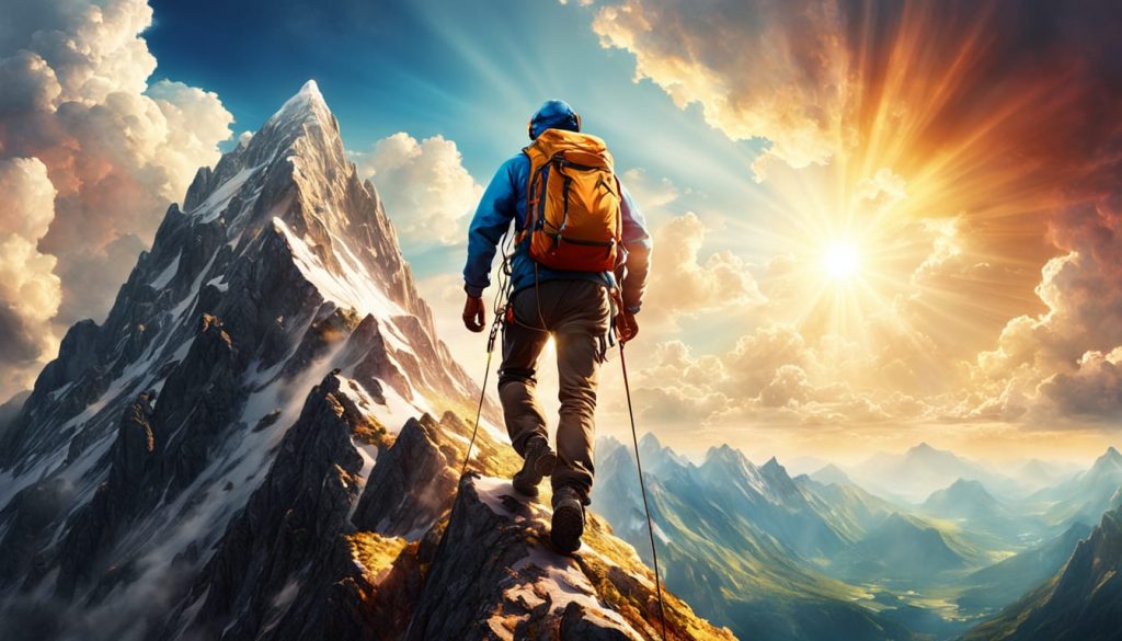A lone climber ascends a steep, rocky mountain toward a glowing divine light at the summit, symbolizing a challenging spiritual journey and the high standards of God’s hierarchy.