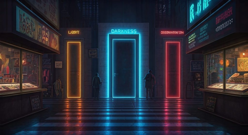 Three glowing doors labeled “To Light,” “Dark,” and “Degradation,” each with distinct inviting colors representing different spiritual paths and choices.