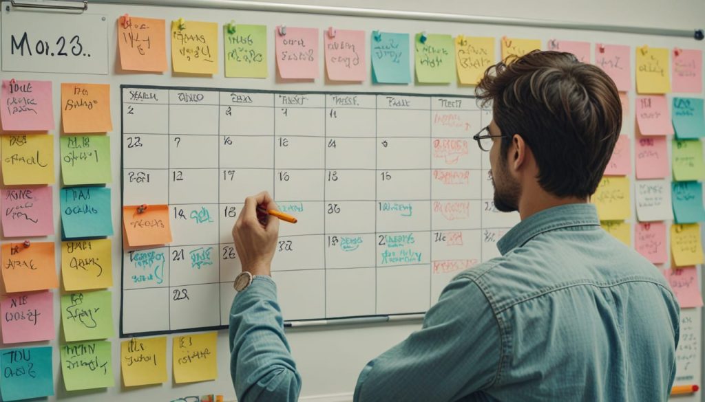 Person looking at a calendar while weighing pros and cons written on a whiteboard