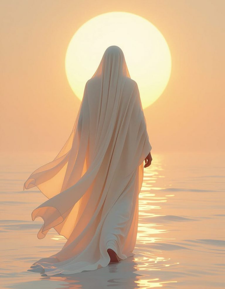 A figure in flowing ethereal robes walks toward a warm radiant light, surrounded by soft, iridescent colors and feathery textures in a dreamy, symbolic art style.