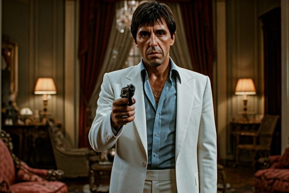 Tony Montana holding a gun inside his home, looking sad and conflicted during a pivotal moment in Scarface (1983), where he chooses not to harm an innocent person.