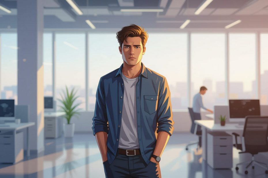 A young man standing in an office looking concerned as he faces a difficult decision, symbolizing an inner moral conflict.