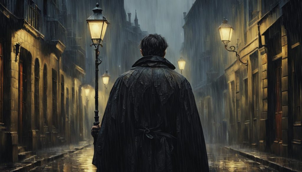 A weary man walks alone through stormy streets, symbolizing mercy, sacrifice, and the heavy burden of being relentlessly pursued for choosing goodness.