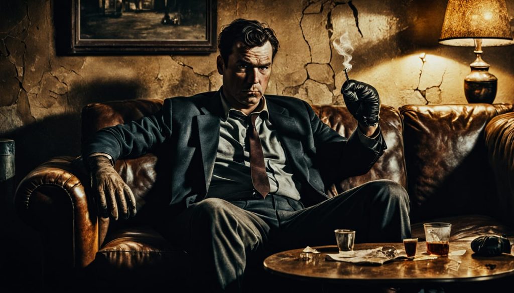 An ex-sportsman slumps on a worn sofa, drinking from a bottle and smoking, with a faded boxing glove and trophy hanging on a cracked wall behind him, symbolizing lost glory and personal decline.