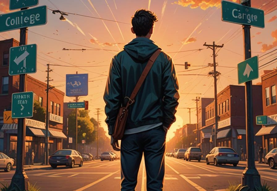 A young man standing at a crossroads with signs pointing to ‘College,’ ‘Career,’ and ‘Start-up,’ symbolizing life decisions.