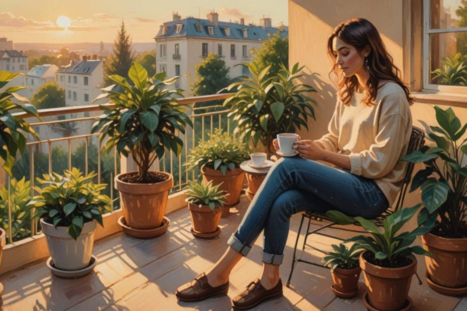 Person sitting on a balcony at sunrise, holding coffee and tea, surrounded by plants in peaceful morning light
