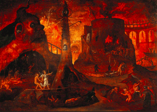 An angel guiding a soul descending into a fiery hellscape.