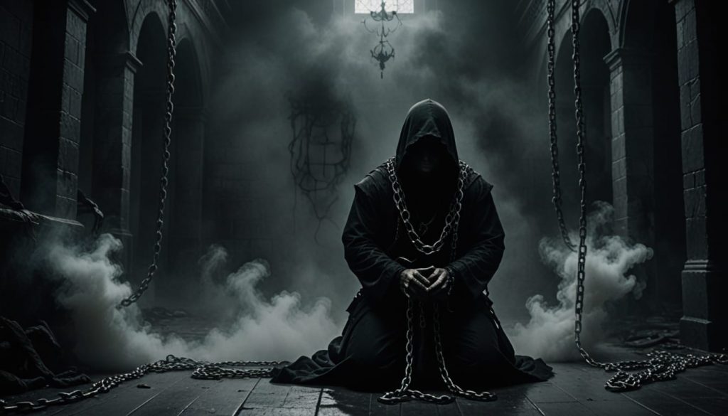 erson in darkness, lying on the floor in chains, eyes hidden, symbolizing loss of free will and soul enslaved.