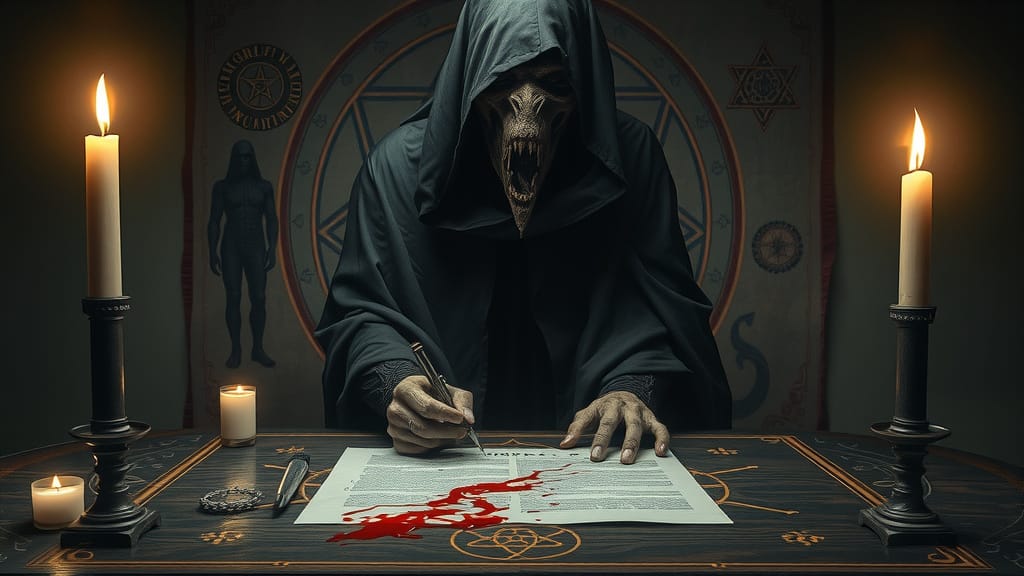Terrible-looking dark figure sitting at a desk with a pen in hand, signing blood-spotted papers.