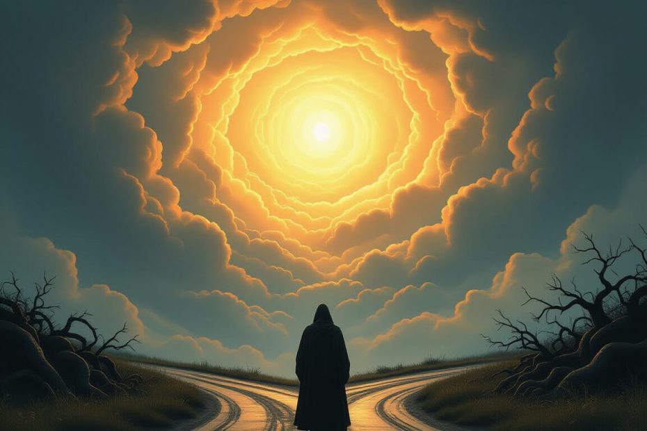 Abstract depiction of a person standing at a crossroads surrounded by glowing light on one side and shadowy darkness on the other, symbolizing the complexity of spiritual choices and free will.