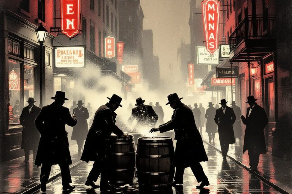 1920s American street scene with police destroying barrels of alcohol, shadowy gangsters in fedoras, and speakeasy neon signs, evoking a vintage noir atmosphere.