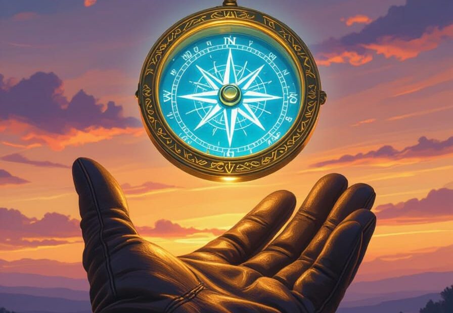 A human hand reaching out a glowing compass under a starry sky, symbolizing spiritual guidance, free will, and the law of cause and effect.