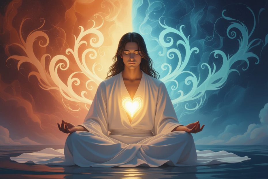 A girl in a meditative pose with a glowing heart chakra. Behind her, two paths diverge—one leading toward light, the other into darkness.