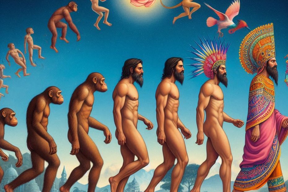 Illustration of human evolution, starting from a gorilla and progressing through modern human stages to a radiant, spiritually awakened figure, symbolizing the evolution of spirit and consciousness.